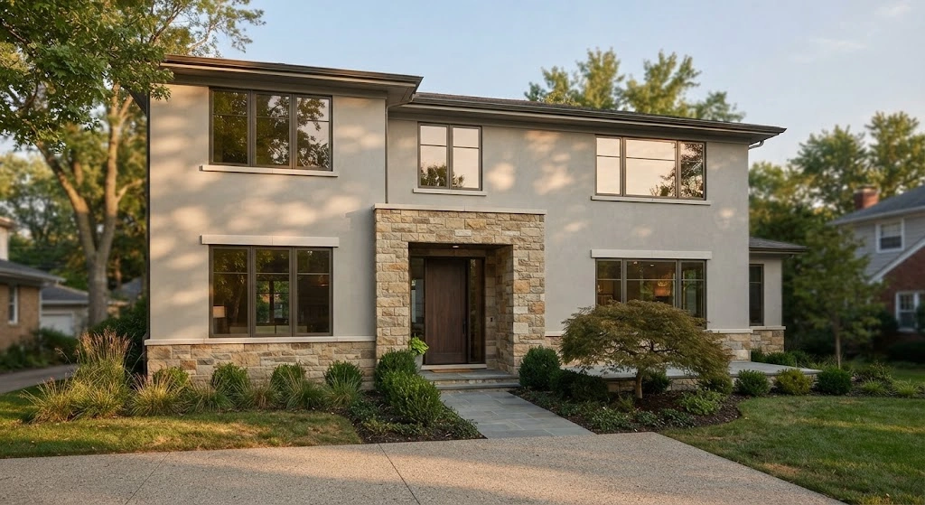 Modern stucco home with crisp honed limestone sills beneath dark-framed windows.
