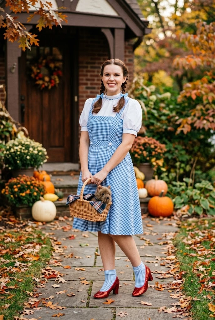 Adult woman in a blue gingham Dorothy costume with red shoes and a woven basket.