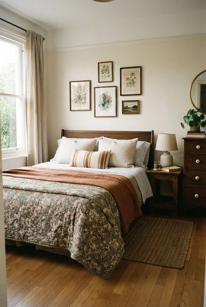 Eclectic bedroom with layered botanical, striped, and textured bedding in warm muted colors.