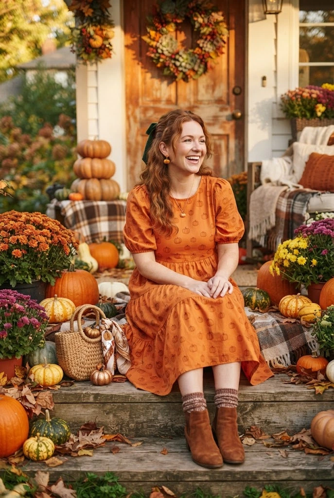 Cute pumpkin-inspired Halloween outfit with an orange dress and green accents.