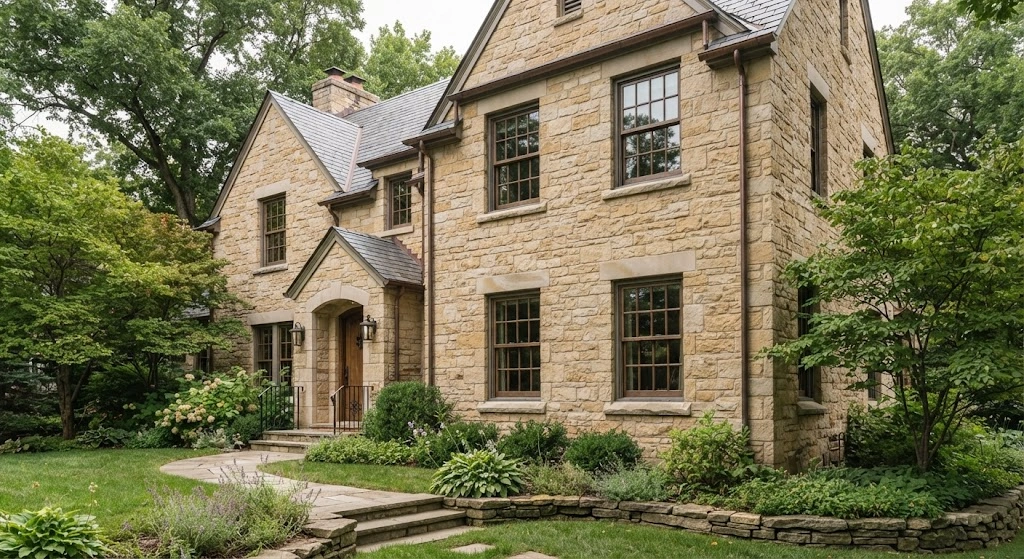 Traditional masonry facade with subtly sloped limestone window sills.