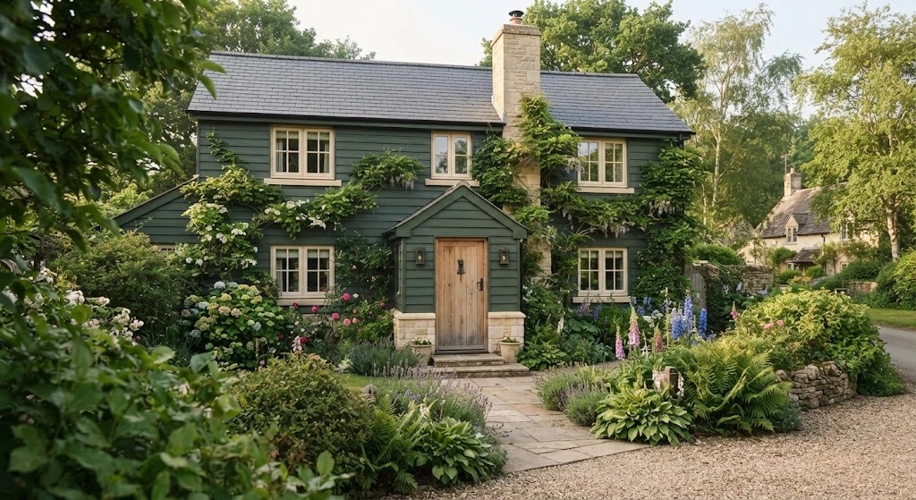 Forest-green cottage with pale limestone window sills and cream-colored windows.