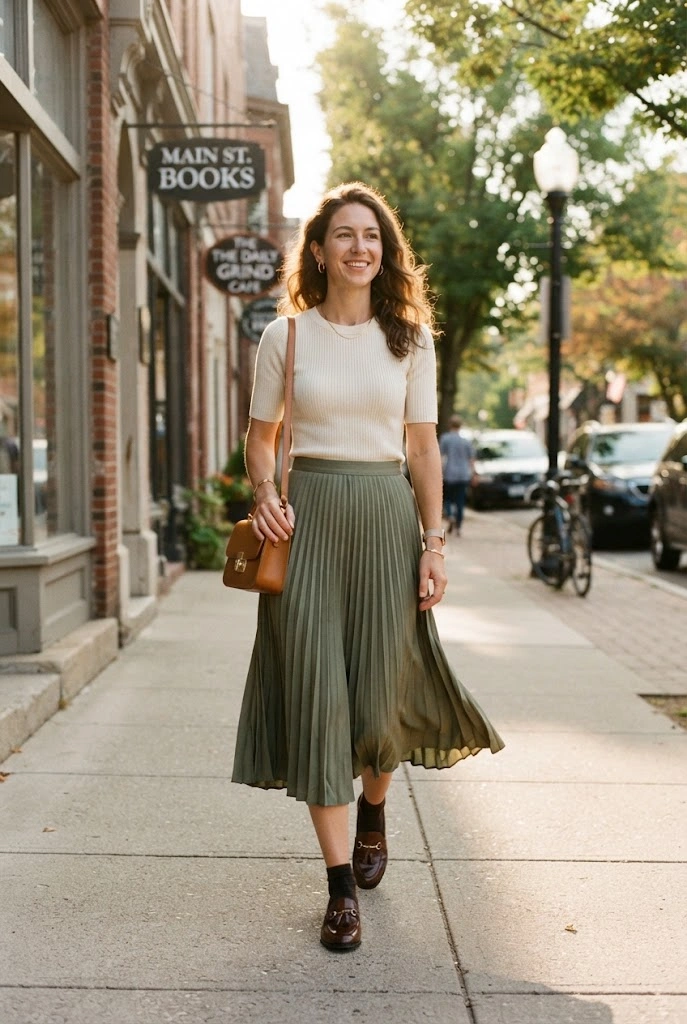 Muted olive pleated midi skirt styled with a cream lightweight knit top and brown loafers.