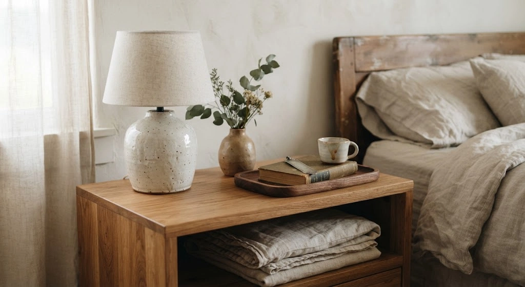 Handmade ceramic lamp and clay vase styled on a natural oak nightstand.