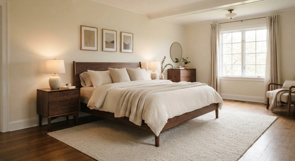Deep walnut bedroom furniture paired with ivory bedding and warm beige walls.