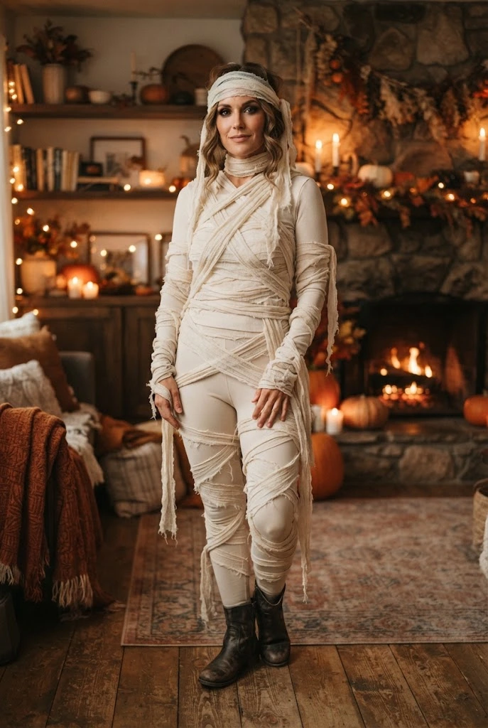 Modern mummy costume with cream clothing and loosely wrapped fabric strips.