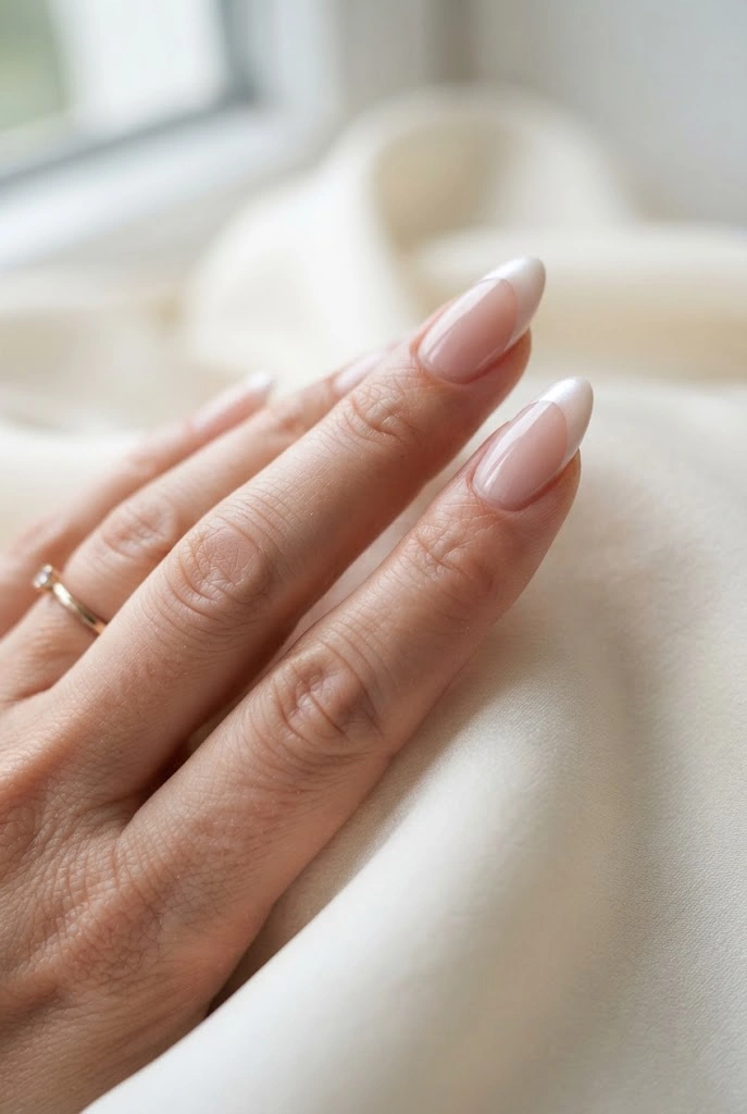 Soft pink almond nails with luminous pearly white French tips.