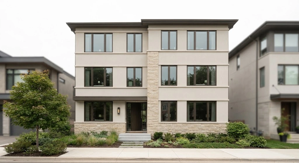 Minimalist townhouse with thin pale limestone window sills and slim dark frames.