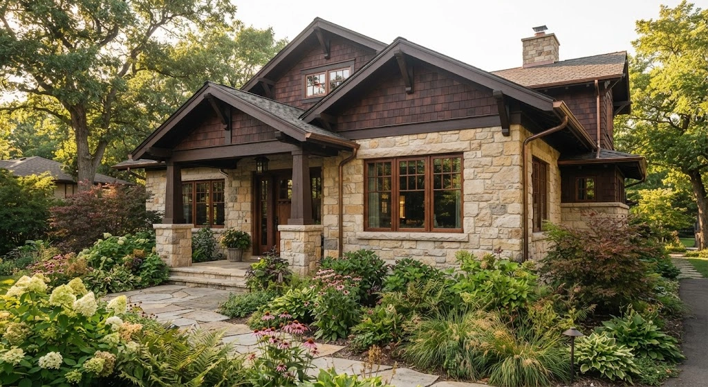 Craftsman home featuring hand-chiseled limestone window sills and natural stonework.
