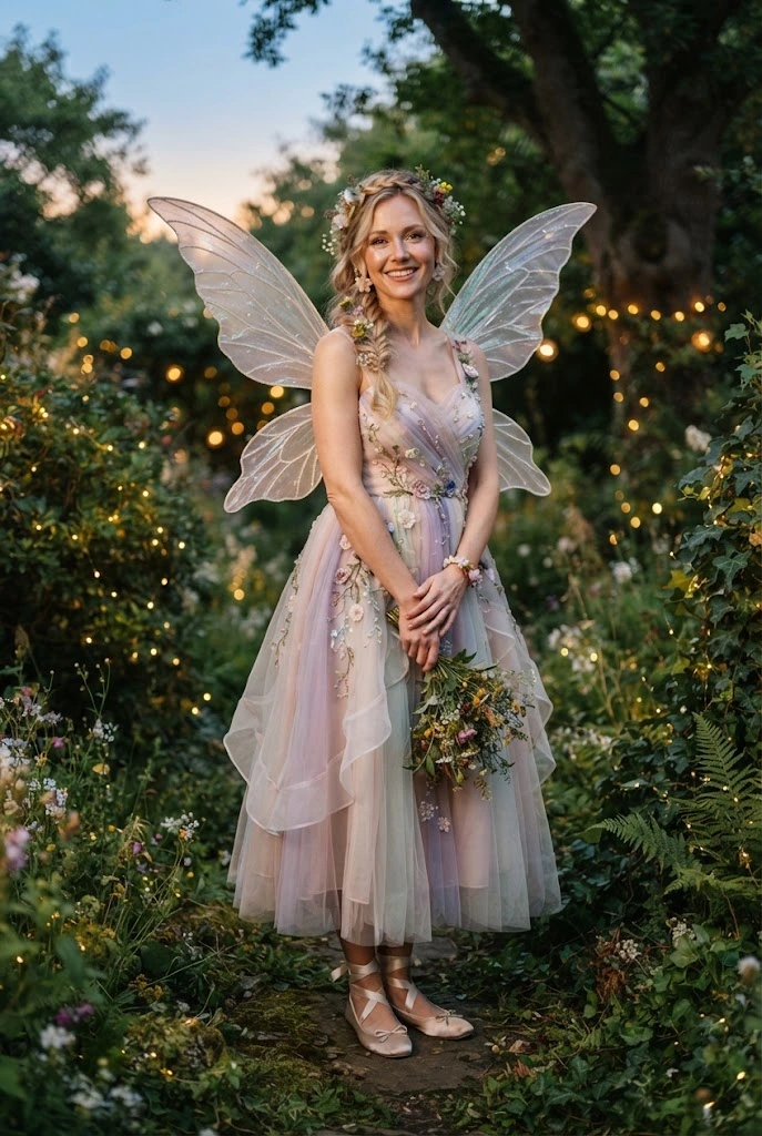 Pastel fairy Halloween costume with delicate wings and floral accessories.
