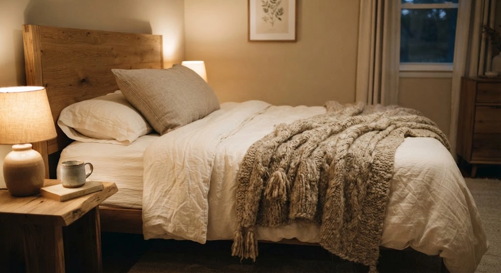 Chunky oatmeal throw layered over cream linen bedding in an earthy bedroom.