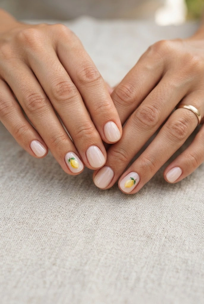 Sheer nude nails with tiny hand-painted lemon accents.