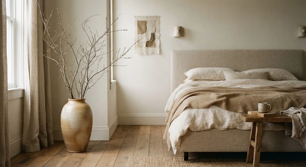 Tall ceramic vase with natural branches beside a cozy upholstered bed.