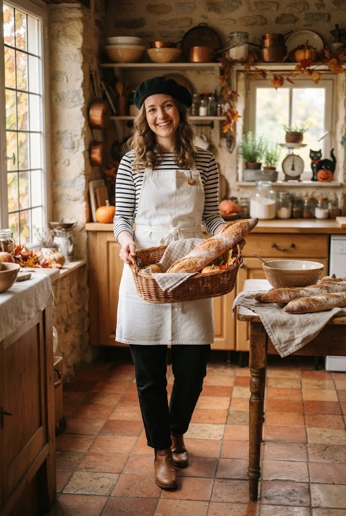 French baker Halloween costume with striped shirt, apron, beret, and baguette.