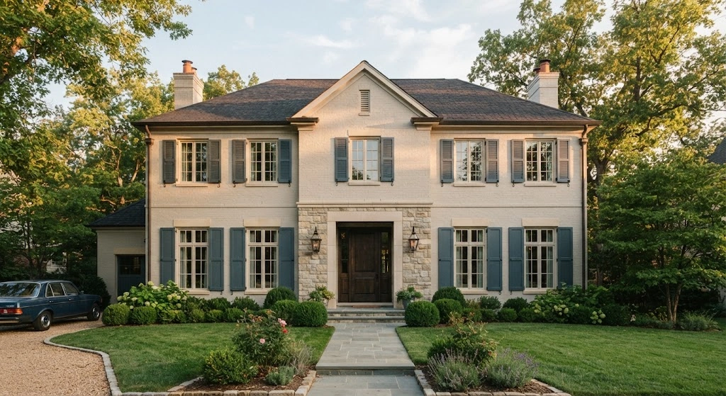 Traditional home with cream limestone sills and blue-gray shutters.