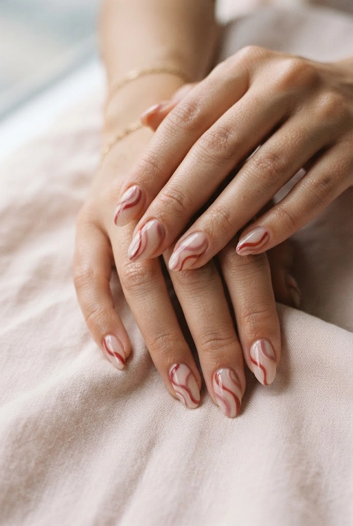 Neutral pink almond nails with abstract dusty rose and cherry-red waves.