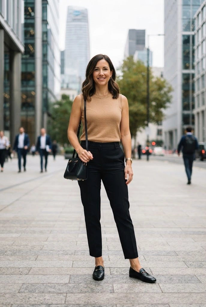 Sleeveless camel knit top styled with tailored black ankle-length trousers and loafers.