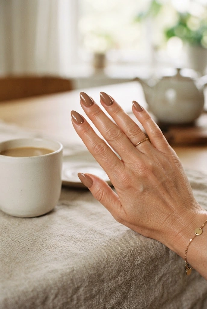Warm mocha nude almond nails with a glossy finish.