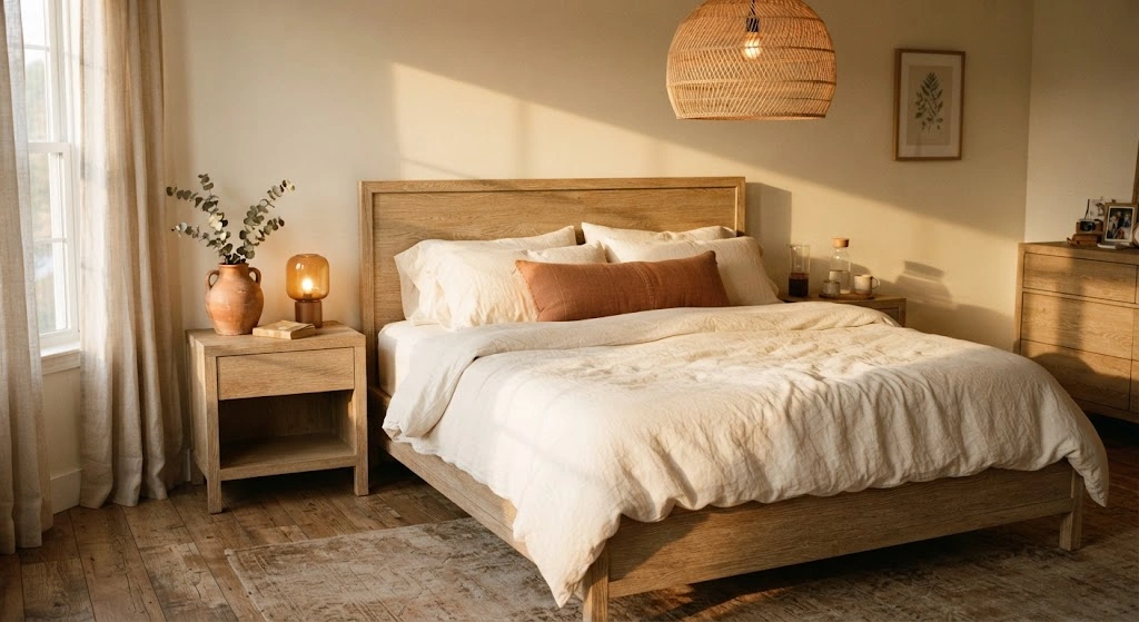 Cream bedroom with terracotta pillows, ceramics, and light oak furniture.