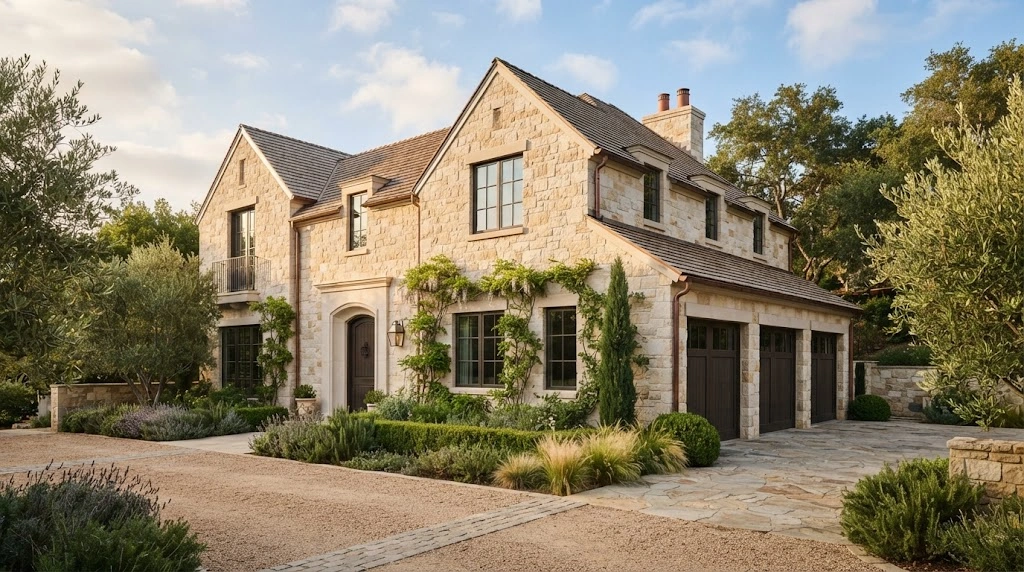 European-inspired home with softly tumbled limestone window sills and warm masonry.