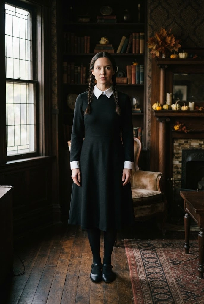 Wednesday Addams-inspired Halloween costume with black dress, white collar, and braids.
