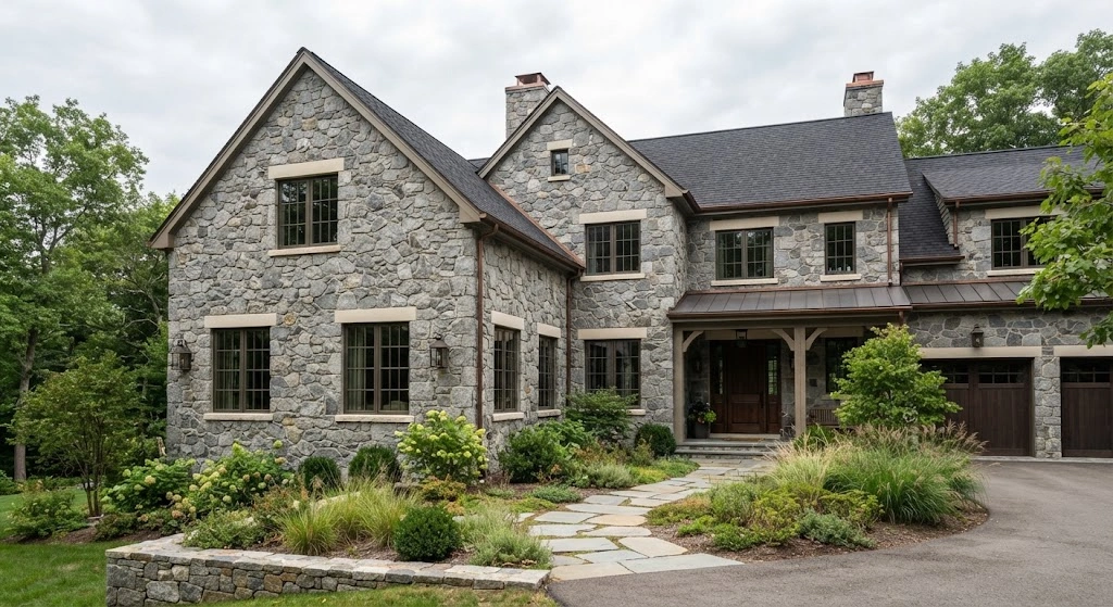 Gray fieldstone home with contrasting warm ivory limestone window sills.