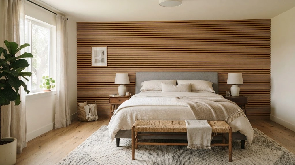 Natural oak slat wall behind a low upholstered bed in an earthy bedroom.