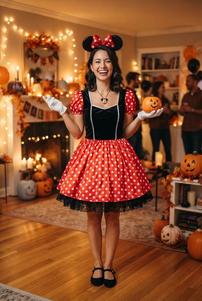 Minnie Mouse-inspired costume with a red polka-dot dress and bow ears.