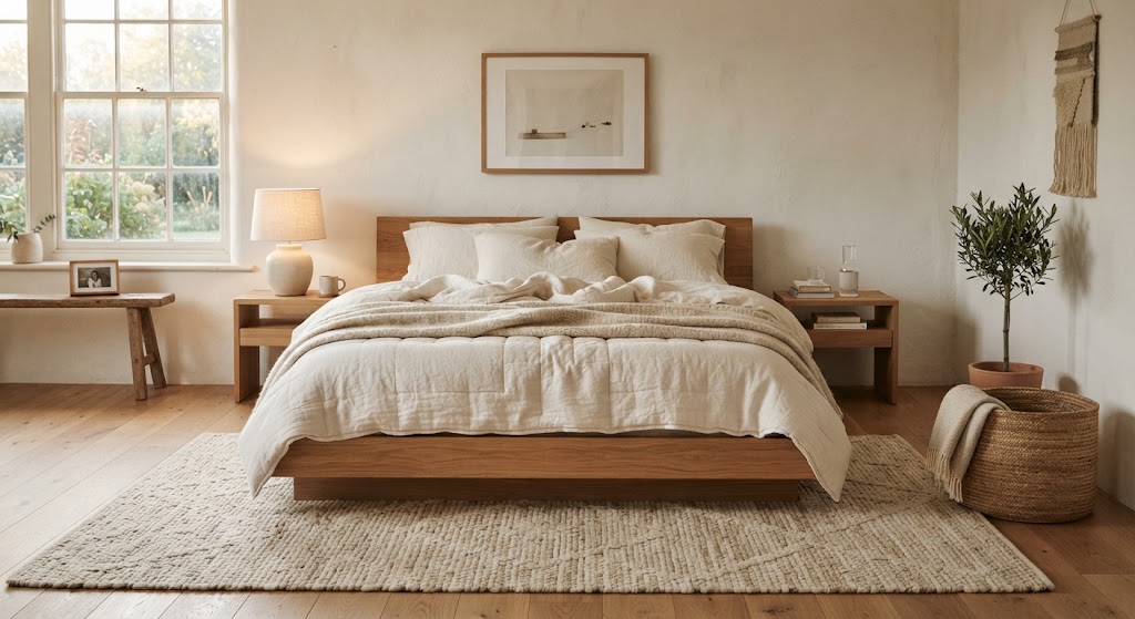 Low oak platform bed layered with linen bedding and a large wool rug.