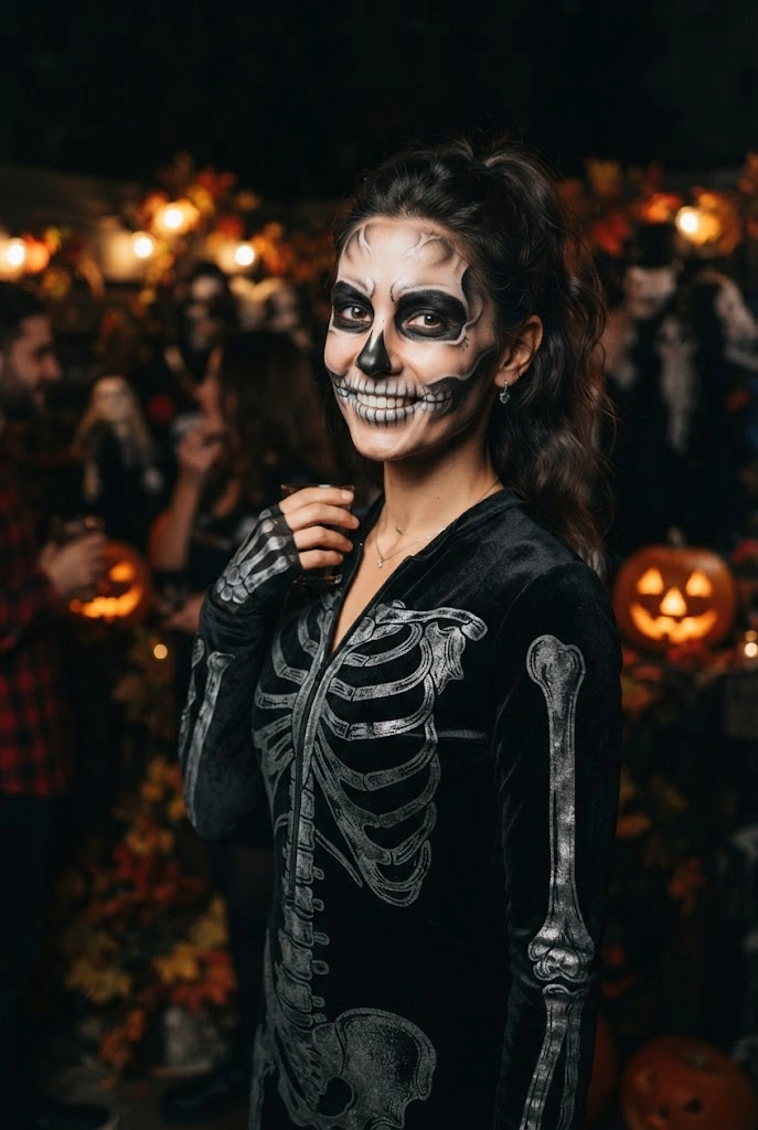 Stylish skeleton costume with black clothing and black-and-white face makeup.