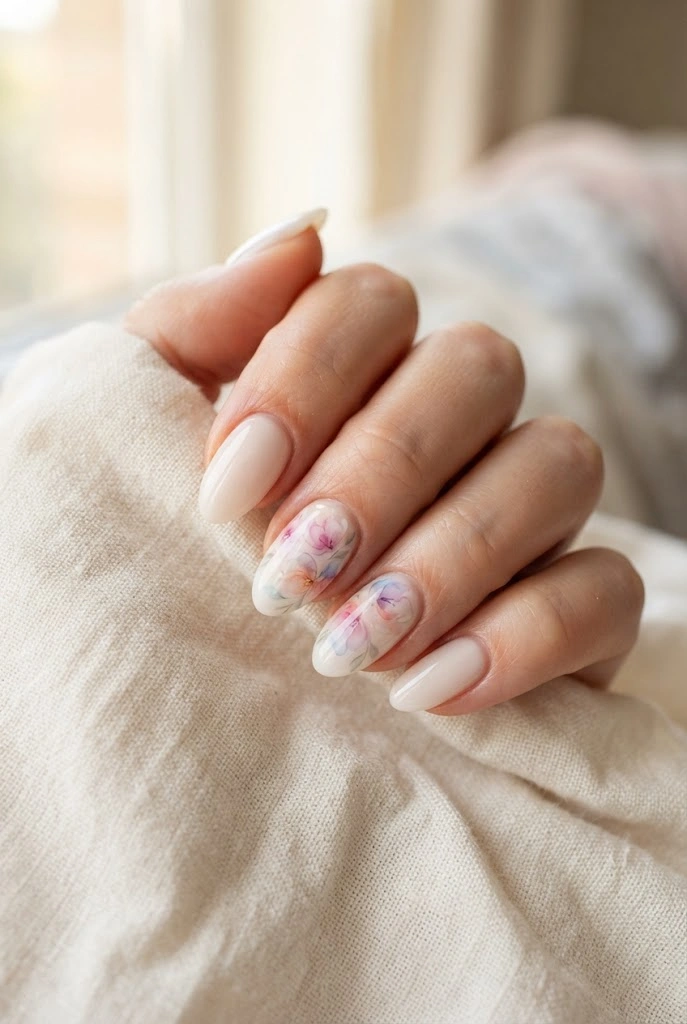 Sheer ivory almond nails with soft watercolor-style pastel flowers.