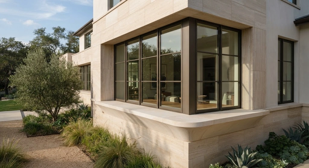 Contemporary home with sculptural waterfall-edge limestone window sills.