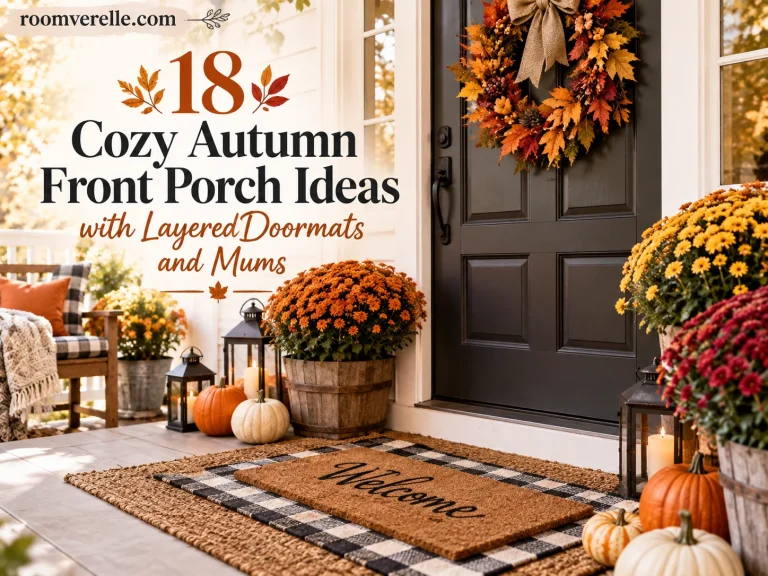18 Cozy Autumn Front Porch Ideas with Layered Doormats and Mums