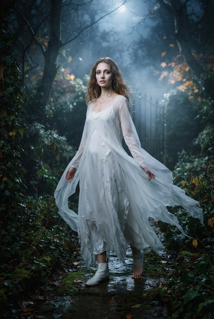Modern ghost-inspired Halloween costume with a flowing white dress and sheer layers.