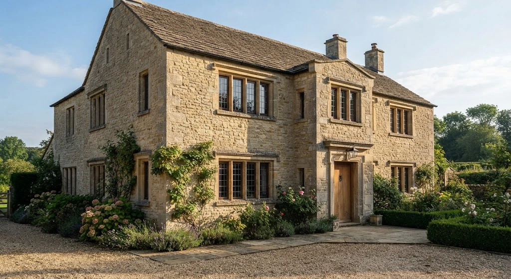 Deep-set windows framed by layered limestone sills in a substantial masonry facade.