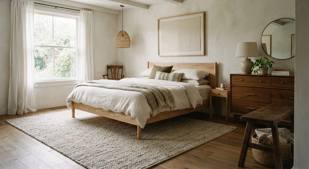 Earthy bedroom combining pale oak, medium walnut, and darker wood furniture.