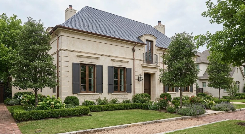 French-inspired home with subtly carved botanical details on limestone window sills.