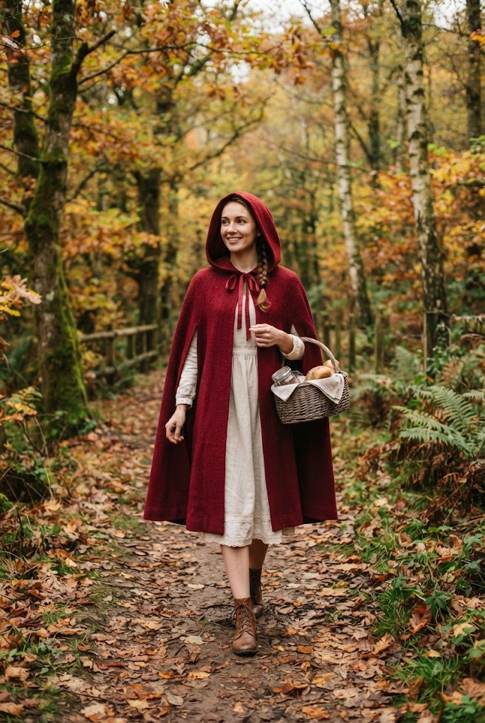Little Red Riding Hood-inspired costume with a red cape and woven basket.