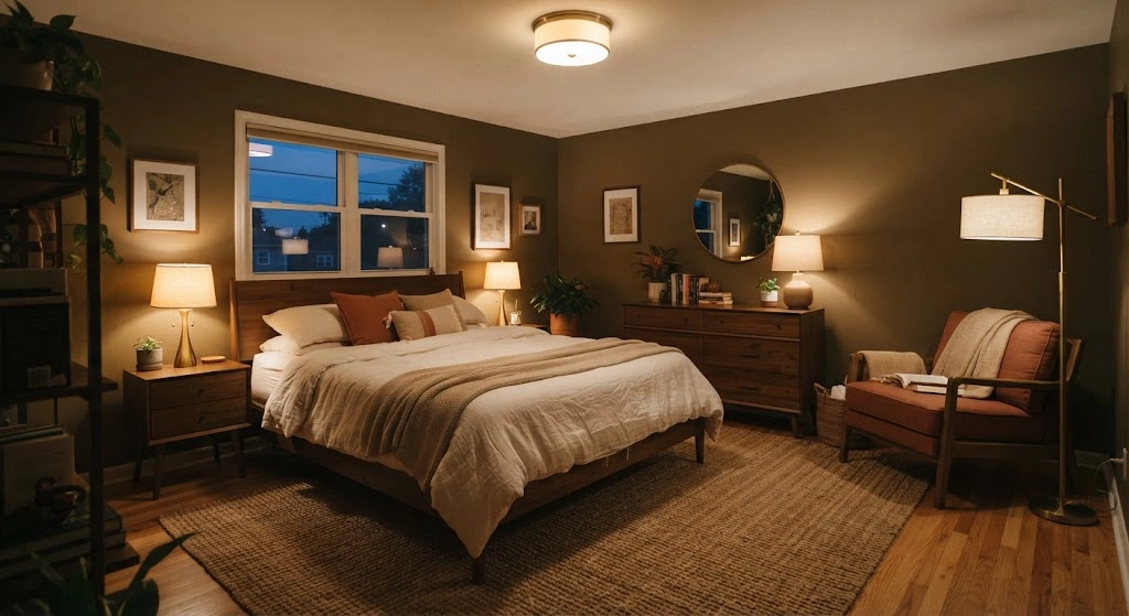 Cozy bedroom with layered bedside, floor, and ceiling lighting in warm tones.