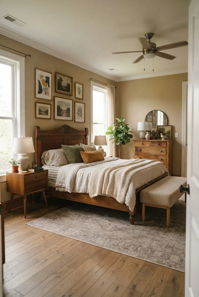 Eclectic bedroom combining traditional, mid-century, vintage, and contemporary furniture.
