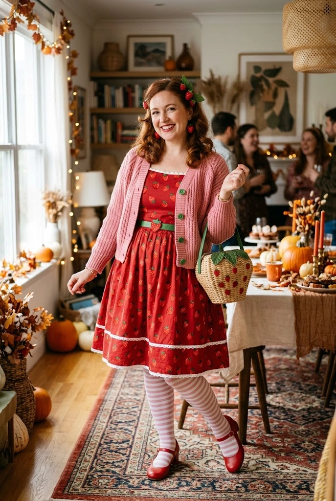 Strawberry Shortcake-inspired Halloween outfit with red, pink, and green details.