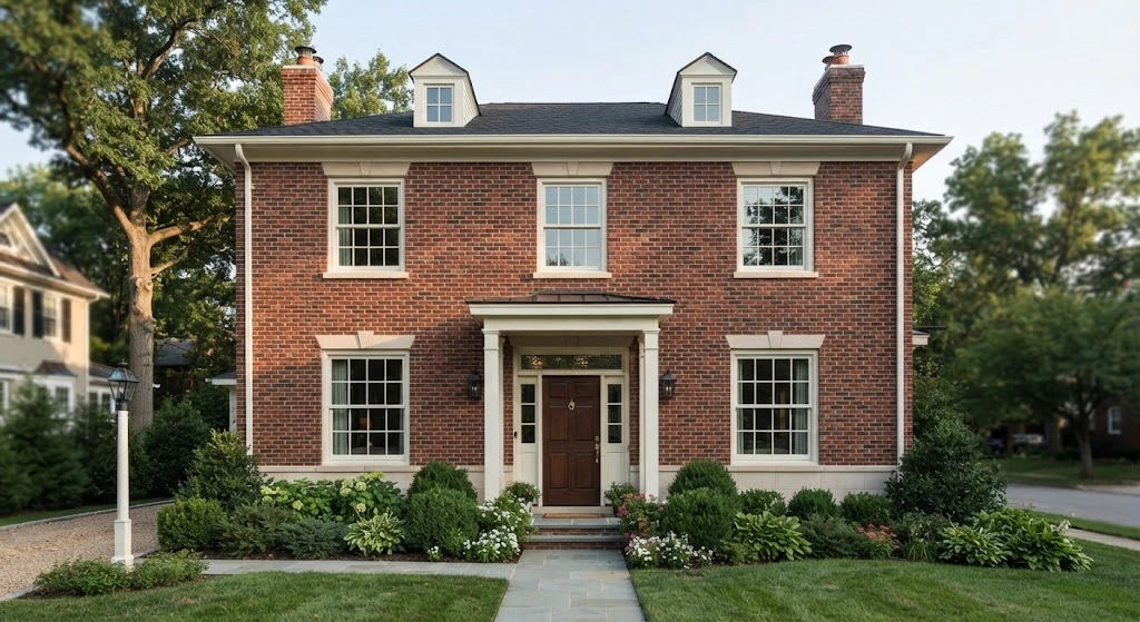 Red brick home with cream limestone window sills and traditional white window frames.