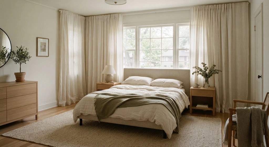Ivory linen curtains filtering soft morning light in a cozy earthy bedroom.