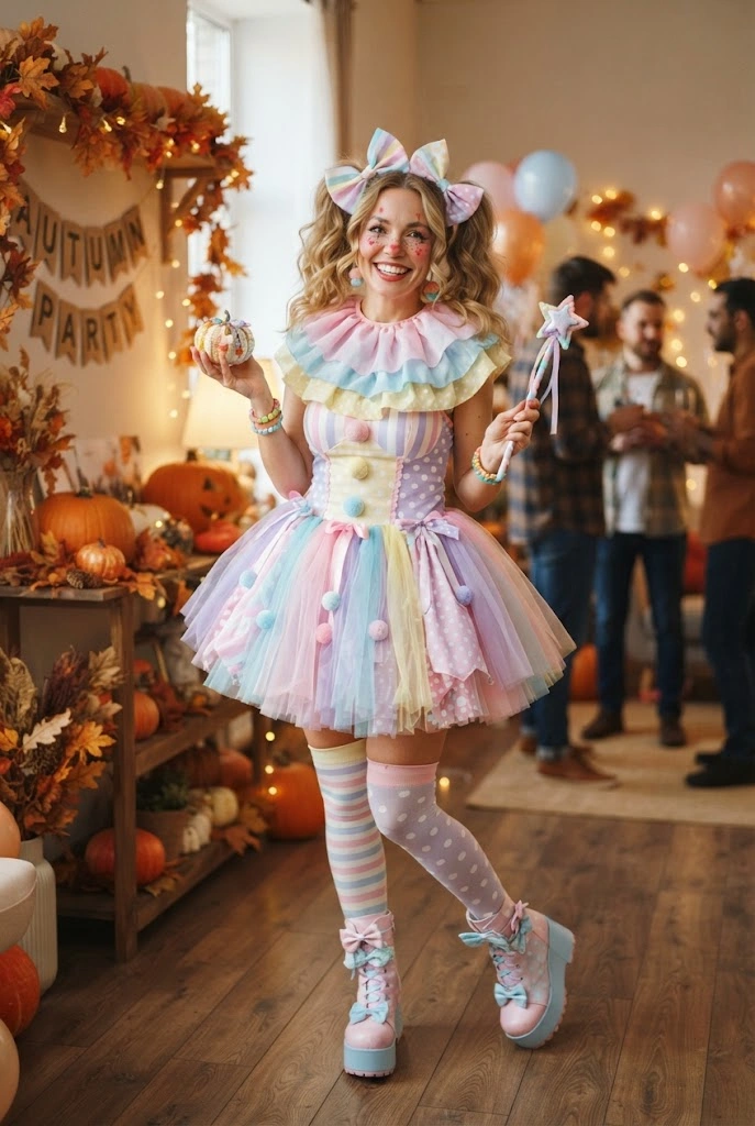 Cute pastel clown costume with ruffles, oversized bow, and playful makeup.