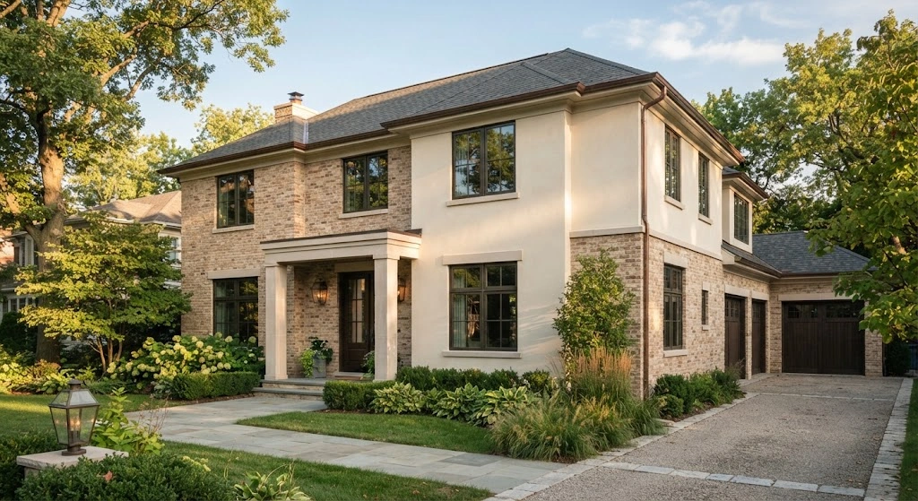 Transitional home with pale limestone window sills and subtle drip edges.