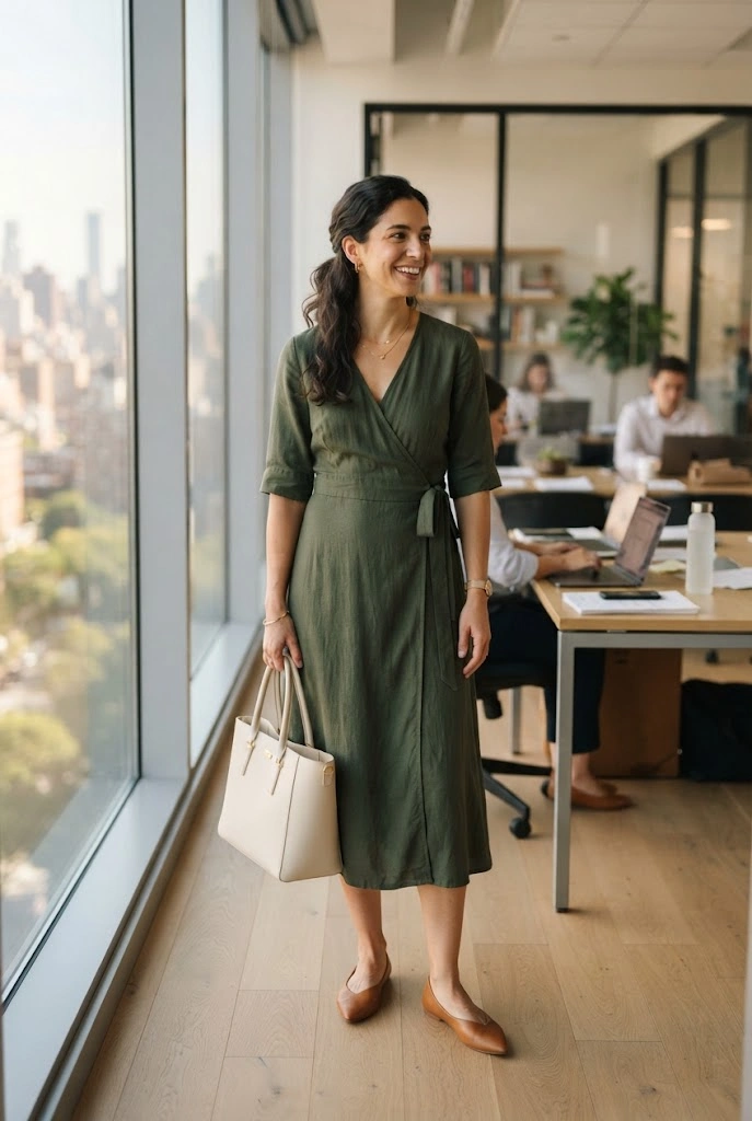 Muted olive wrap midi dress with tan pointed flats and a structured tote.