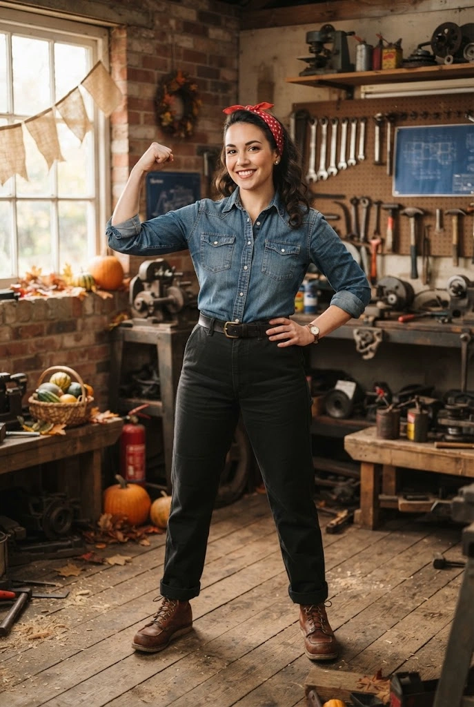 Rosie the Riveter-inspired Halloween costume with denim shirt and red bandana.