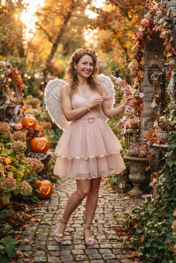 Cupid-inspired Halloween costume with pink dress, wings, and heart accessories.