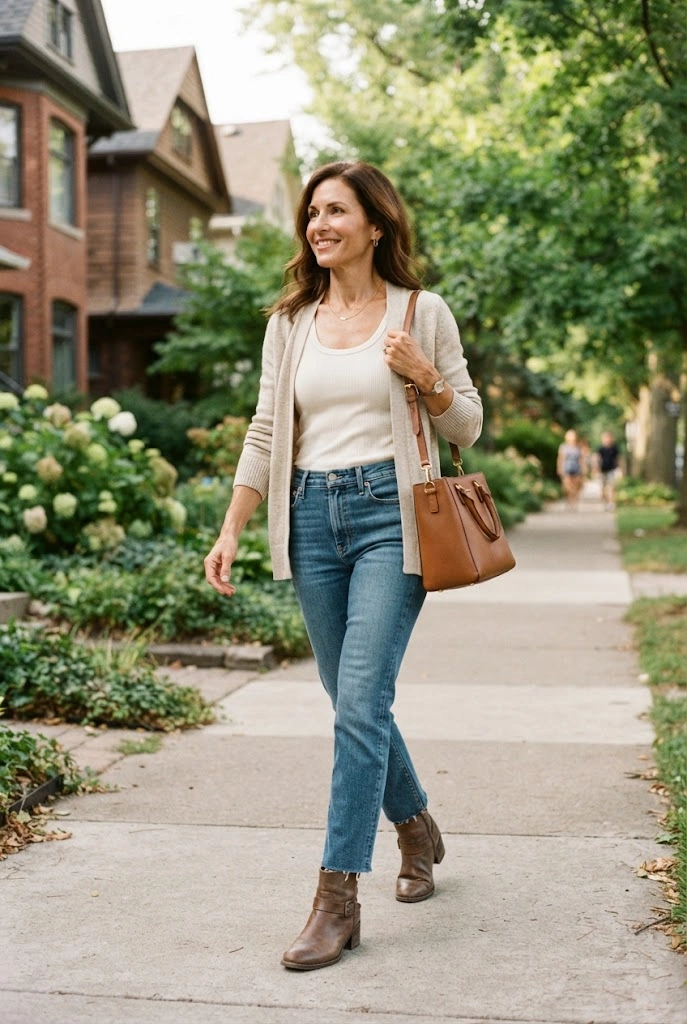 Ivory tank, oatmeal cardigan, straight-leg jeans, and brown ankle boots for late August.