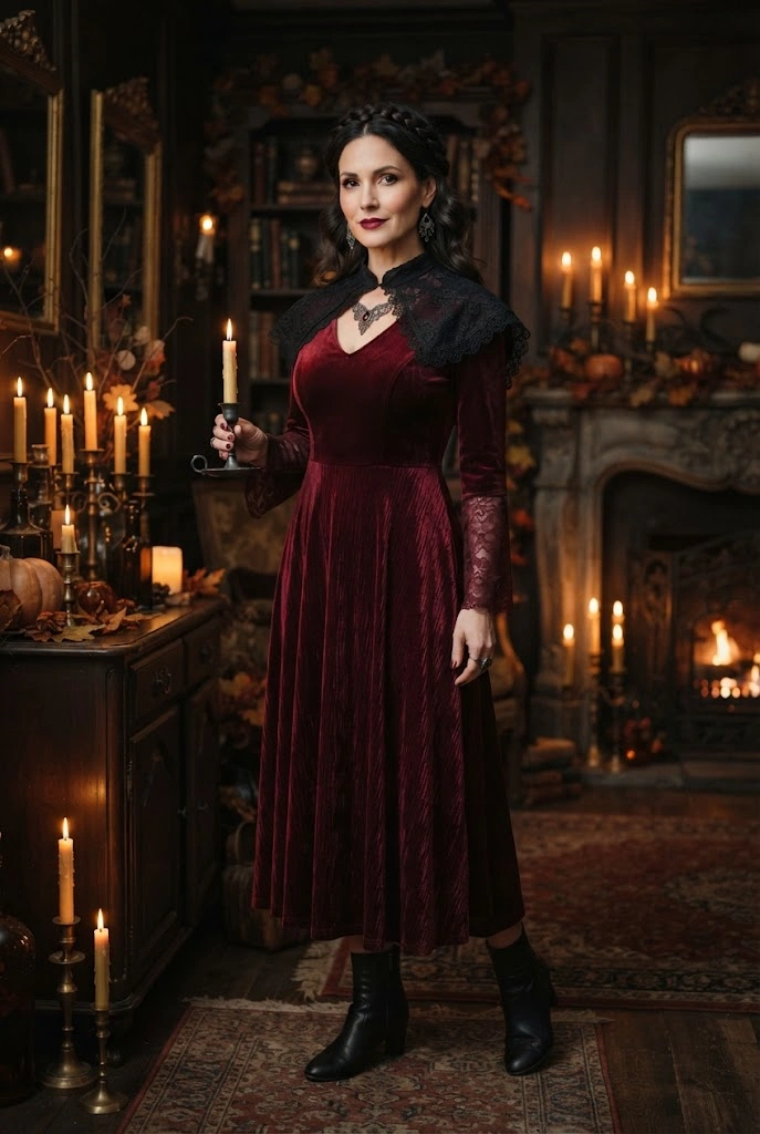 Elegant vampire-inspired Halloween costume with burgundy velvet and dark accessories.